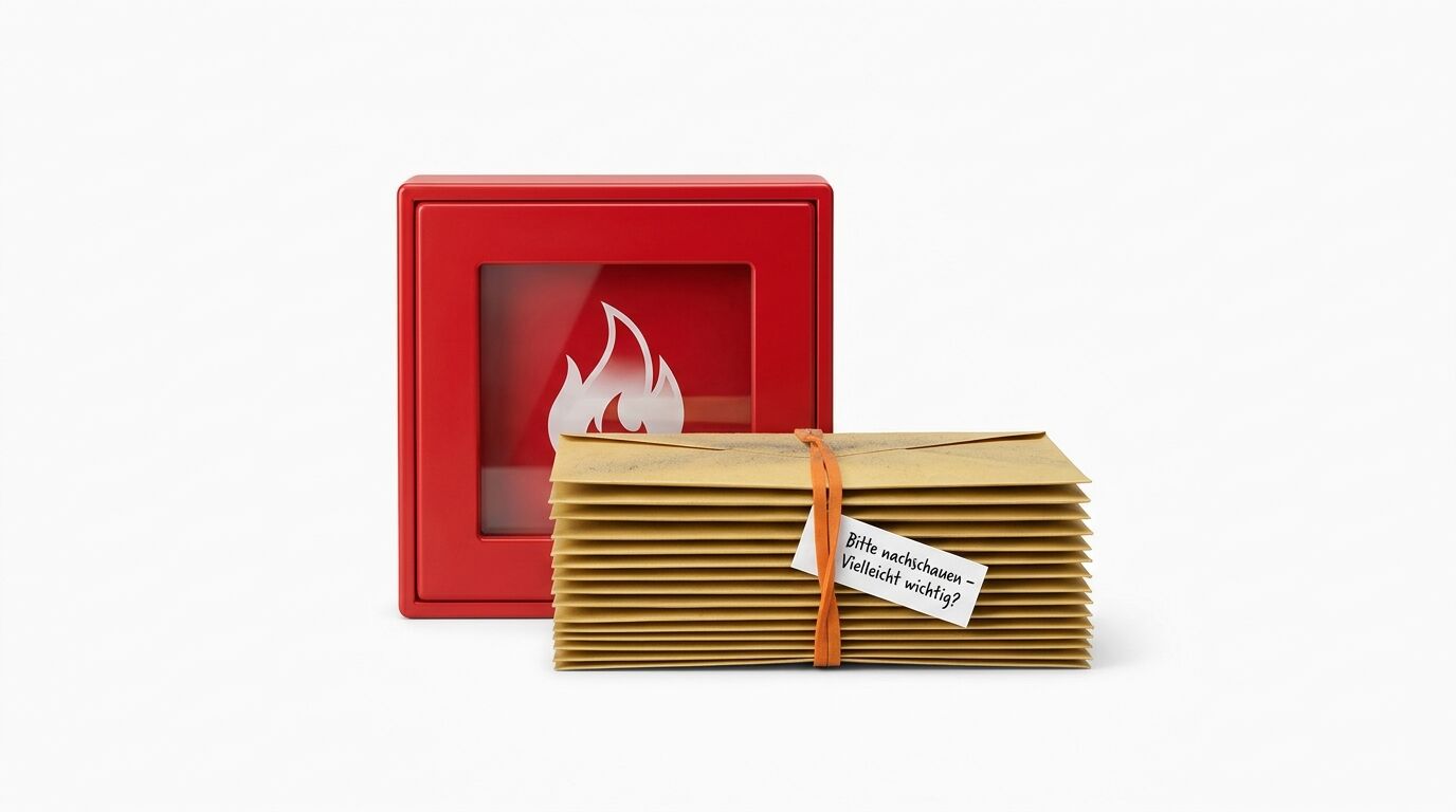 Roter Feuermelder neben einem Stapel Papier mit orange Band und deutschem Etikett