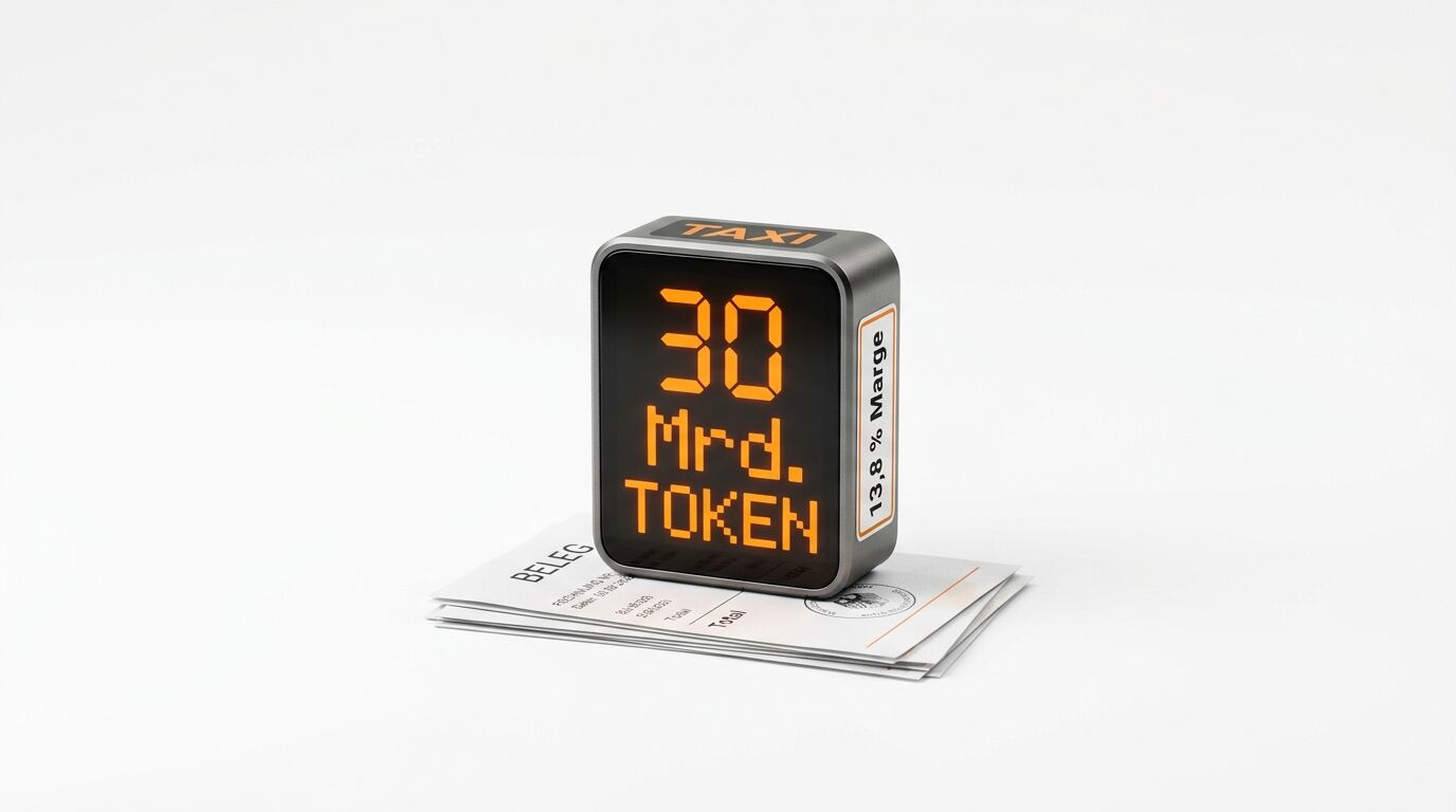 Digitale Anzeige auf Kassenbons mit Text „30 Mrd. TOKEN“, „13,8% Marge“ und „TAXI“
