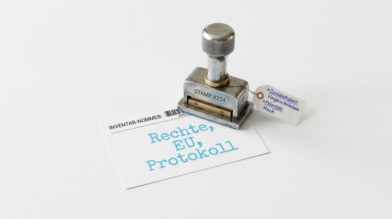 Ein Metallstempel auf einem Dokument mit der Aufschrift „Rechte, EU, Protokoll“