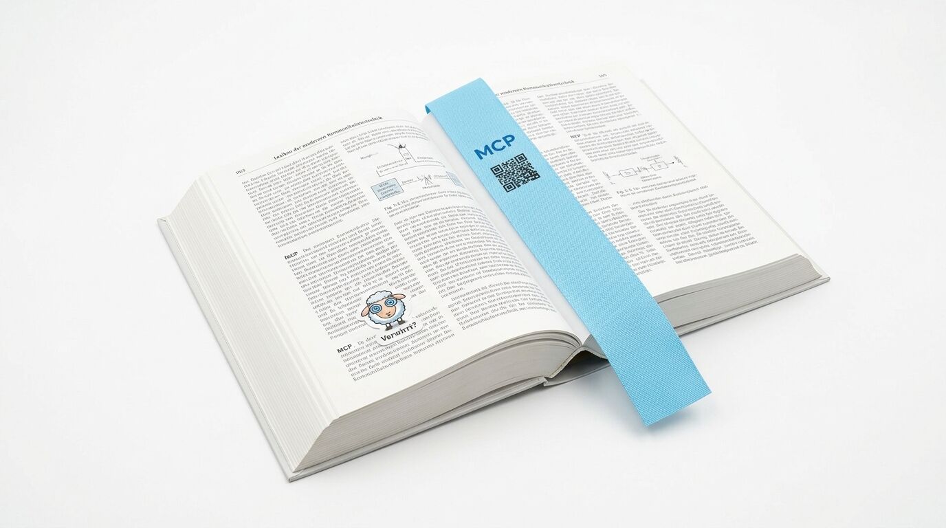 Offenes Buch mit Text, Diagrammen, einem QR-Code und einer Schaf-Illustration auf weißem Grund