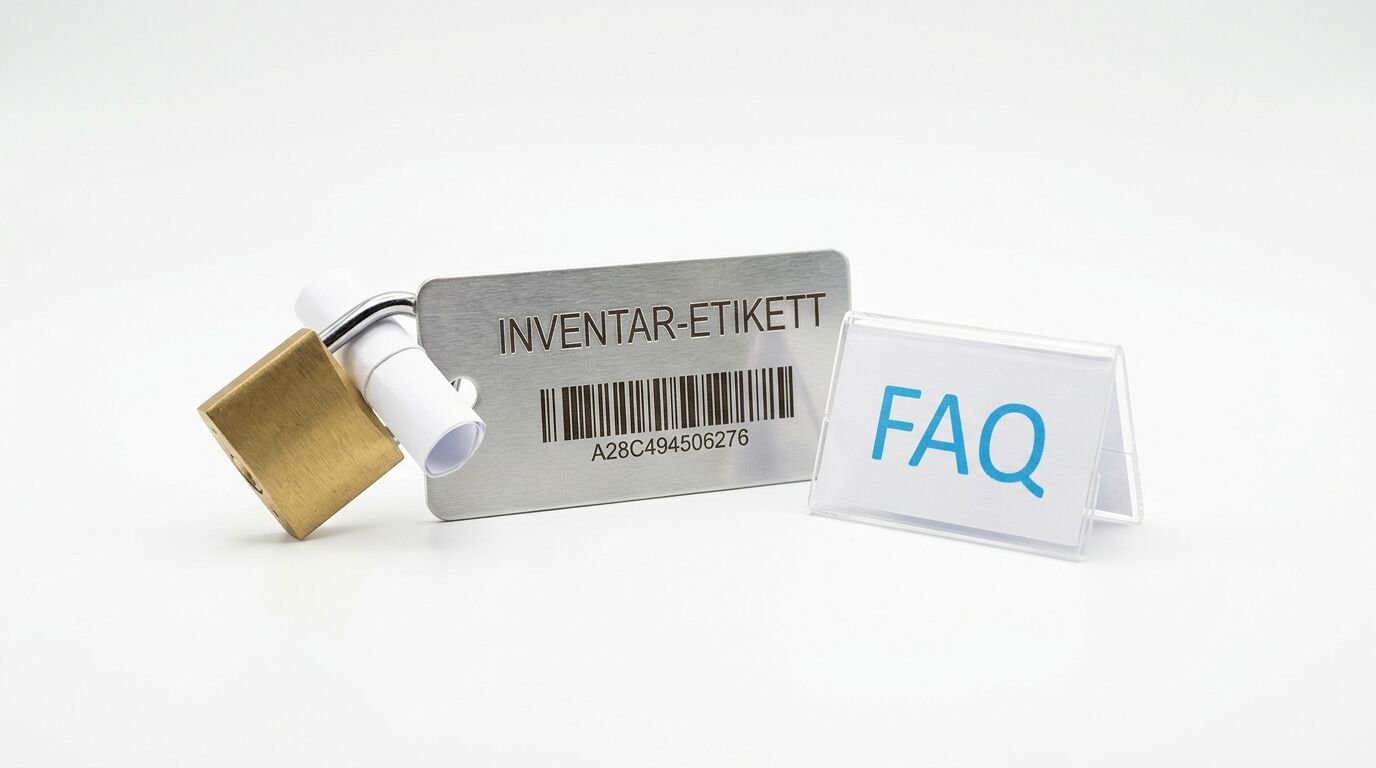 Inventar-Schild, Barcode, Vorhängeschloss, Papierrolle, FAQ-Aufsteller auf weißem Grund