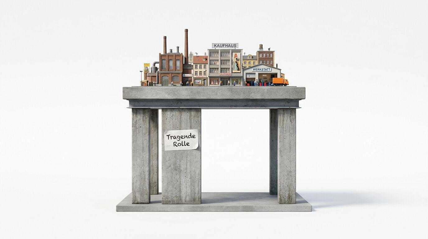 Miniaturstadtmodell auf Betonpfeilern mit handschriftlichem Zettel