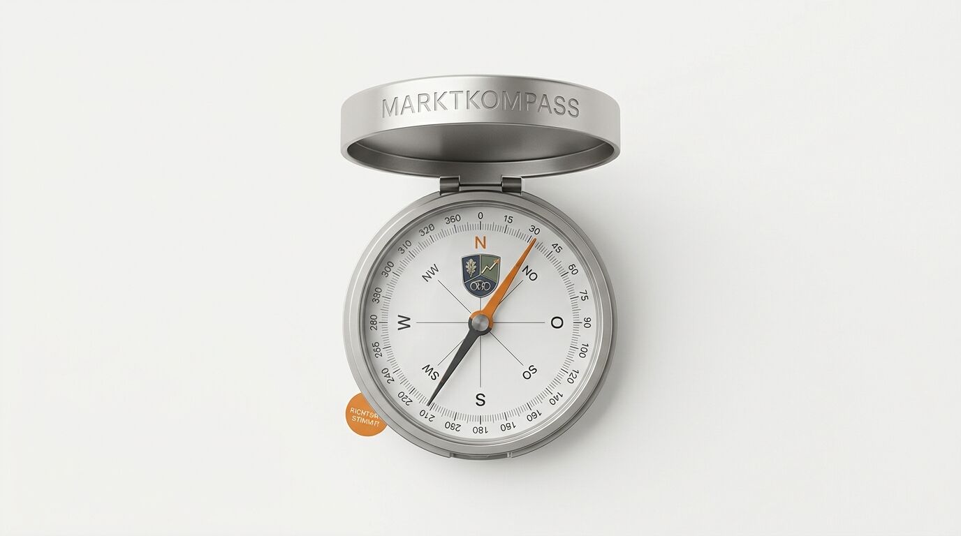 Geöffneter Kompass mit Aufschrift „MARKTKOMPASS“ und orangefarbenem Pfeil nach Nordost