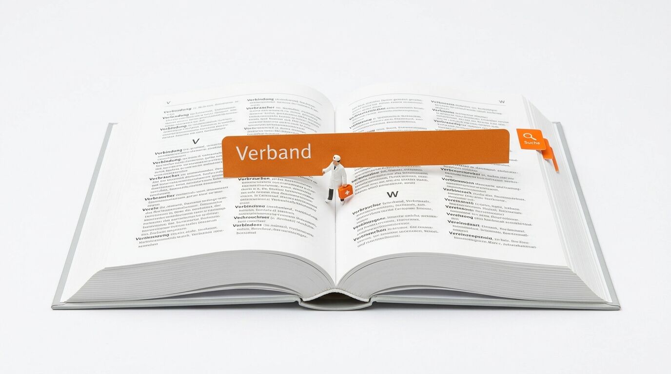 Kleiner Arzt hält oranges Schild „Verband“ in einem offenen Buch