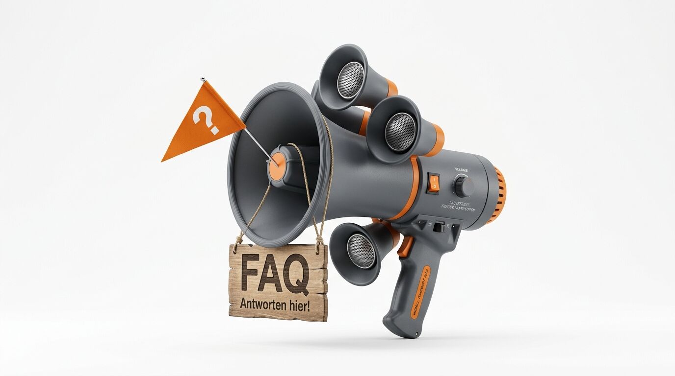 Ein Megafon mit drei Lautsprechern, Fragezeichen-Fähnchen und FAQ-Holzschild vor weißem Grund