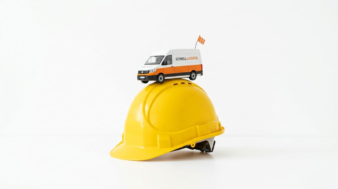 Ein Modell-Transporter steht auf einem gelben Bauhelm vor weißem Hintergrund
