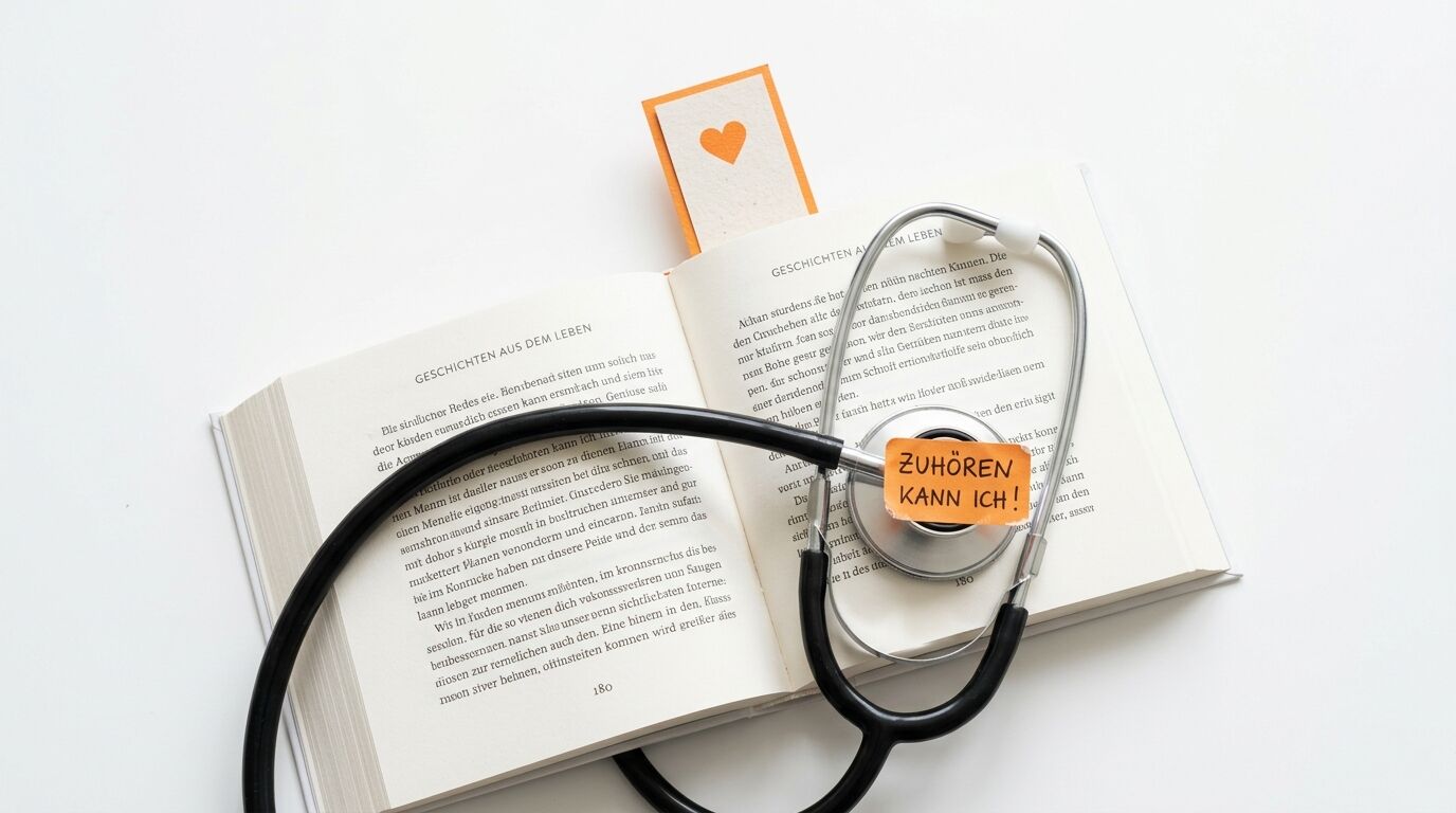 Aufgeschlagenes Buch mit einem Stethoskop und einem orangefarbenen Lesezeichen mit Herz