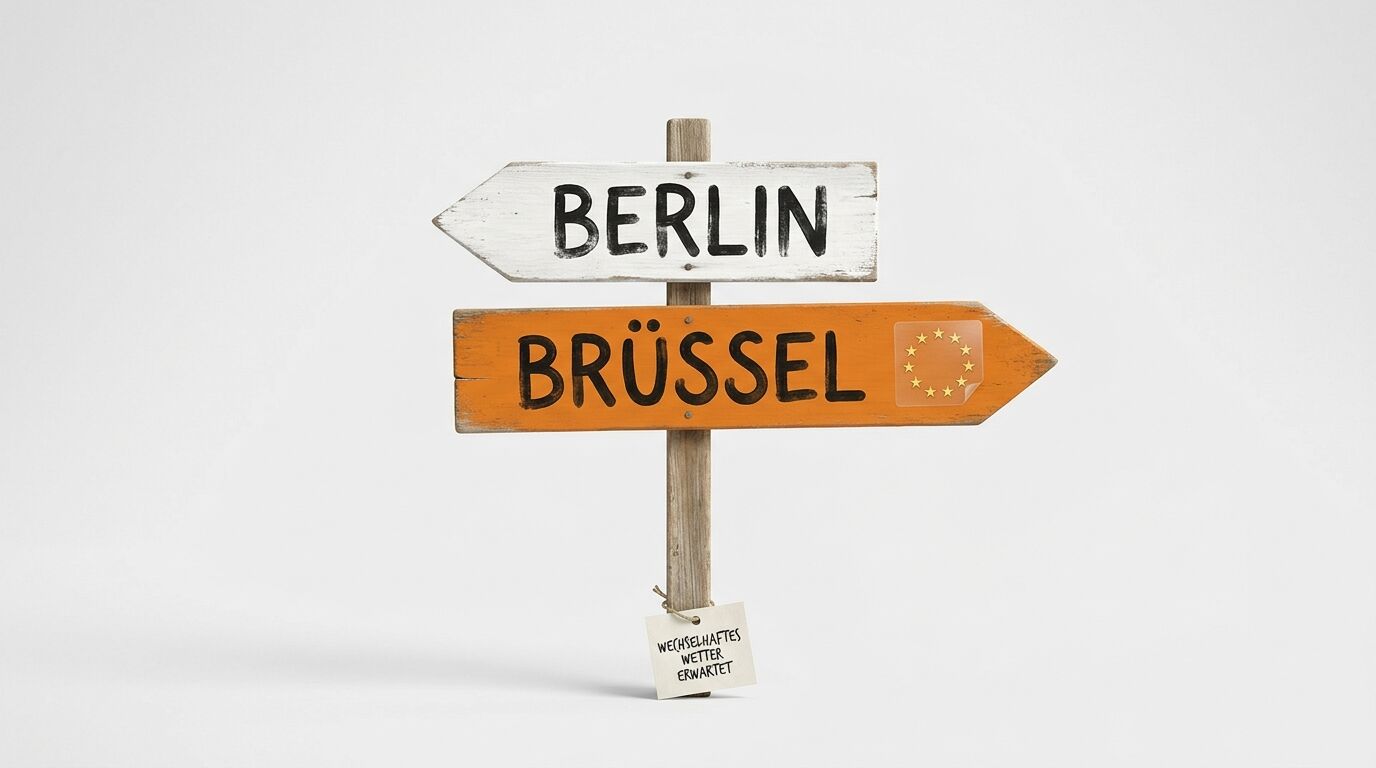 Holzwegweiser mit Pfeilen für Berlin (links) und Brüssel (rechts), mit EU-Flagge