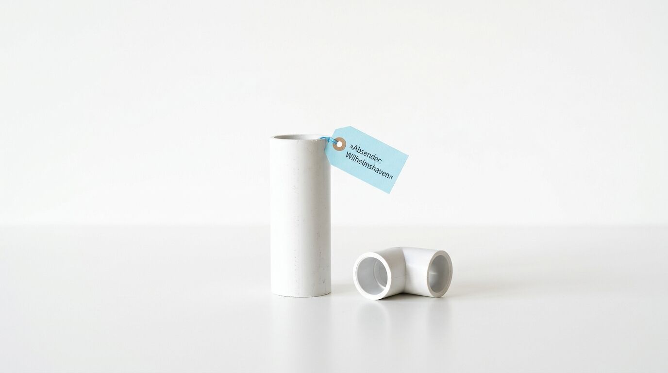 Zwei weiße PVC-Rohrstücke (Zylinder und Winkel) mit einem blauen Anhänger auf weißem Grund