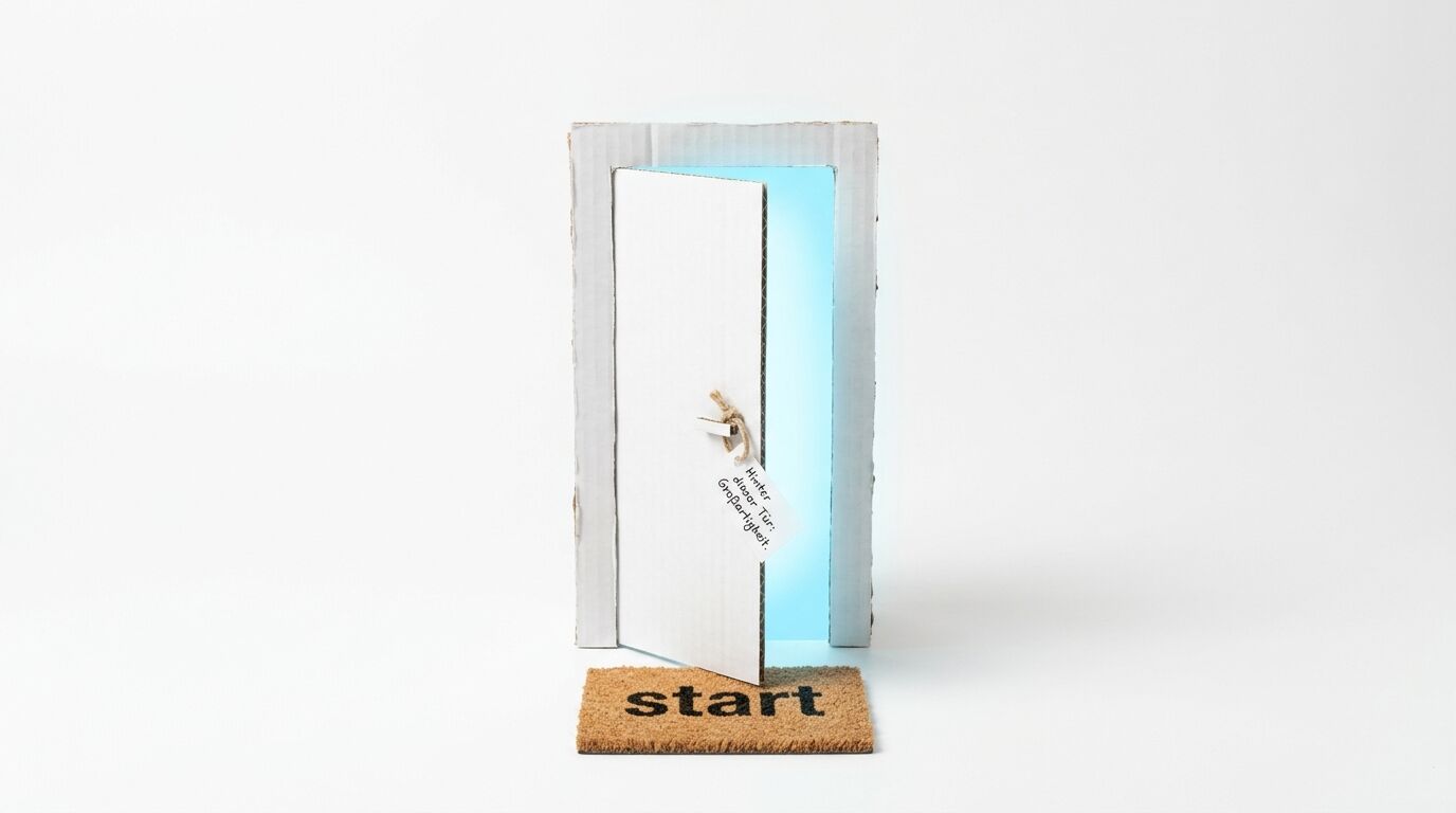 Miniatur-Tür aus Karton mit „start“-Fußmatte und blauem Licht dahinter
