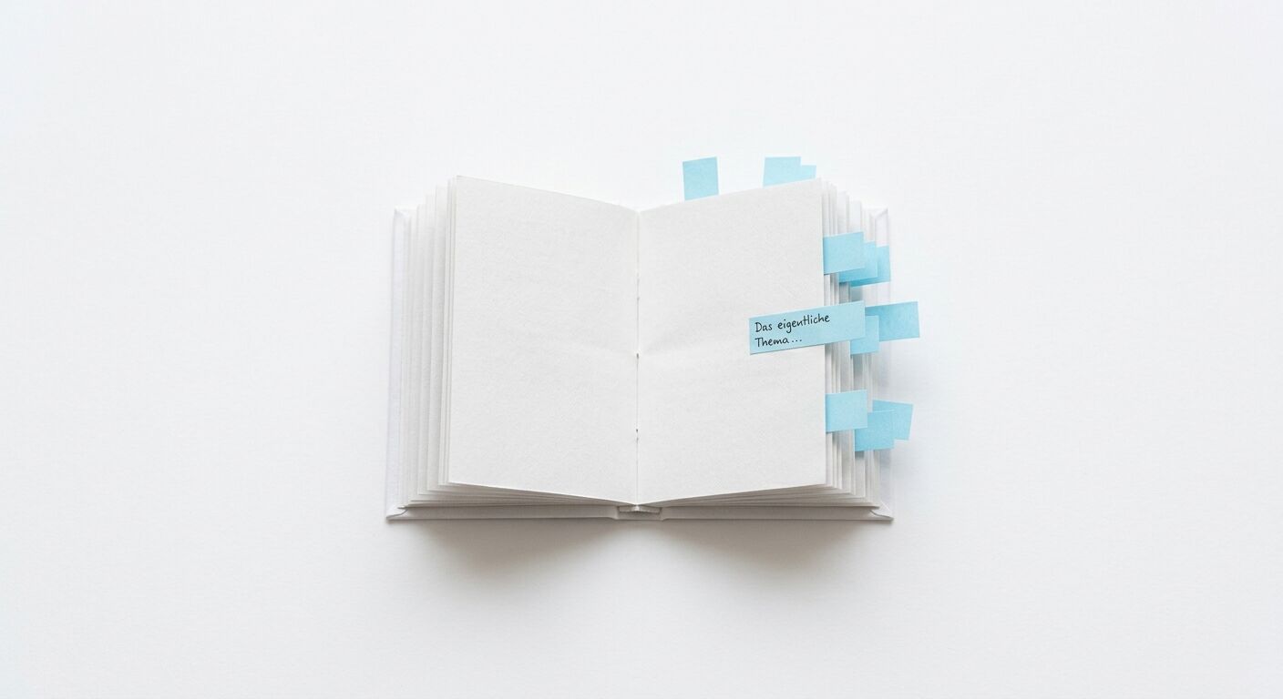 Offenes Notizbuch mit blauen Post-its und Aufschrift: Das eigentliche Thema..