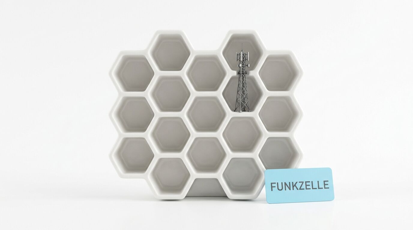 Wabenstruktur mit Funkmast-Miniatur und Schild „Funkzelle“ vor weißem Hintergrund