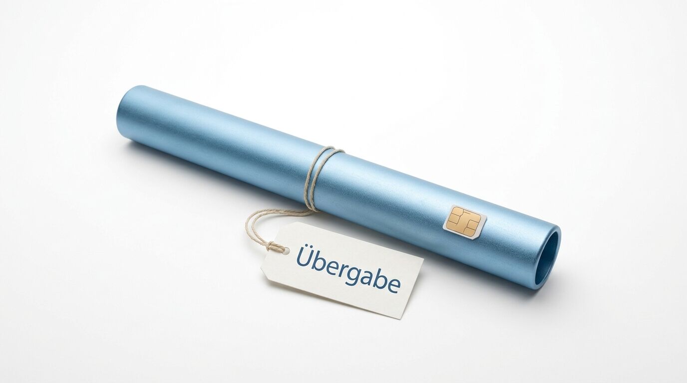Blauer Zylinder mit Chip und Schildchen mit der Aufschrift „Übergabe“ auf weißem Hintergrund