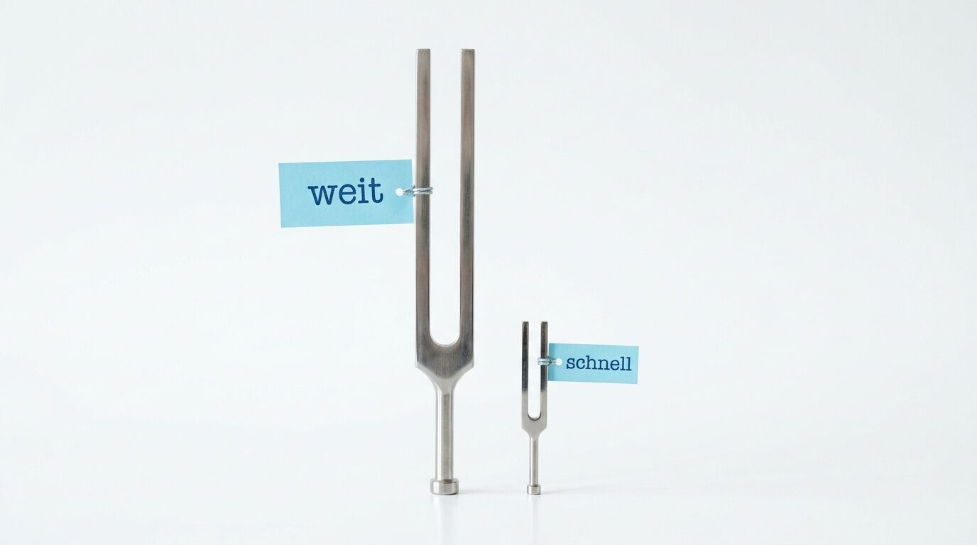 Zwei Stimmgabeln, groß/klein, mit blauen Fähnchen „weit“ und „schnell“ vor weißem Grund