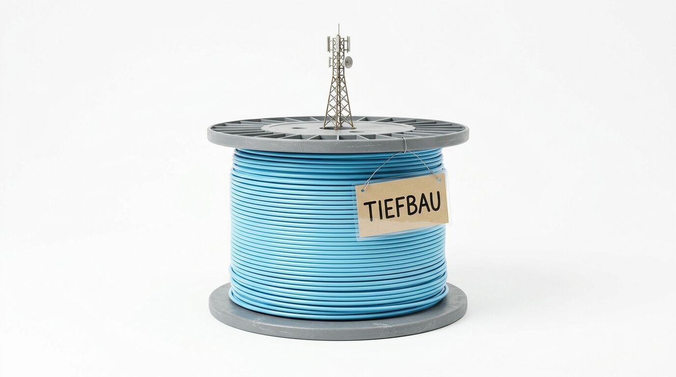 Modell eines Sendemastes auf einer hellblauen Kabeltrommel mit einem Schild