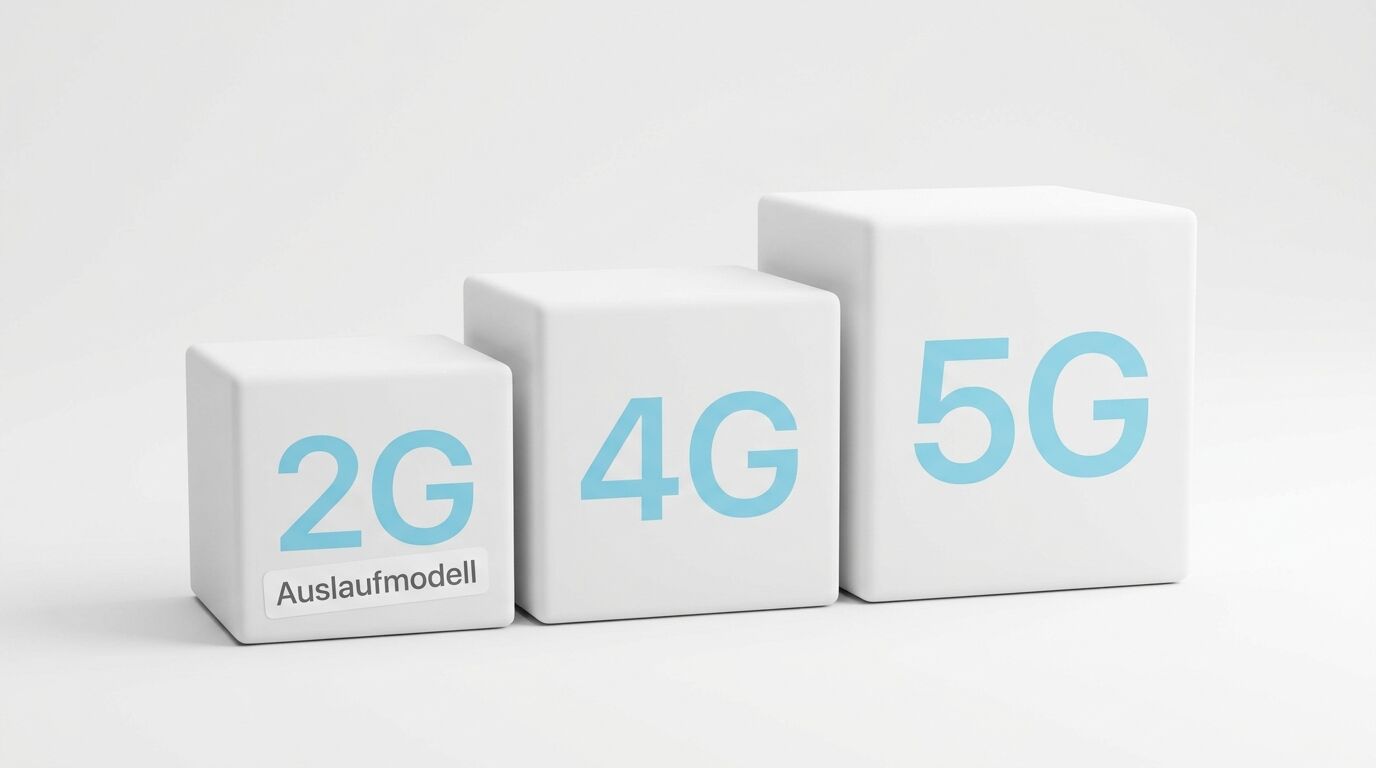 Drei weiße Würfel mit der blauen Aufschrift „2G“, „4G“ und „5G“ stehen nebeneinander
