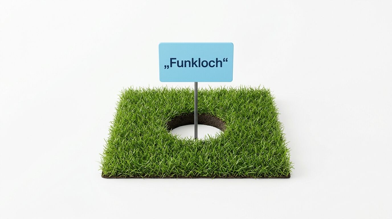 Grasfläche mit Loch, darin Schild mit Aufschrift „Funkloch“