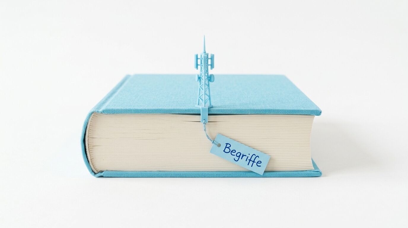 Ein blaues Buch mit einem Funkturm-Lesezeichen und Anhänger mit Aufschrift „Begriffe“