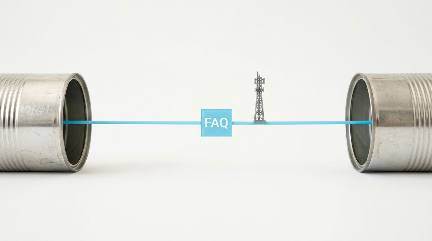 Zwei Dosen, blaues Band, darauf FAQ-Schild und ein Sendemast