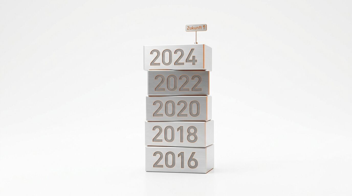 Fünf gestapelte Metallblöcke mit geraden Jahreszahlen von 2016 bis 2024