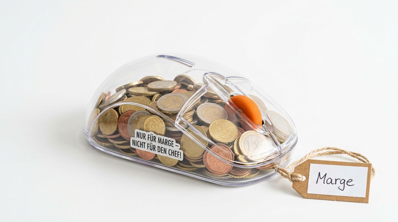Klarer Spardosen-Computermaus mit Euro-Münzen, „Nur für Marge“-Aufkleber und Anhänger