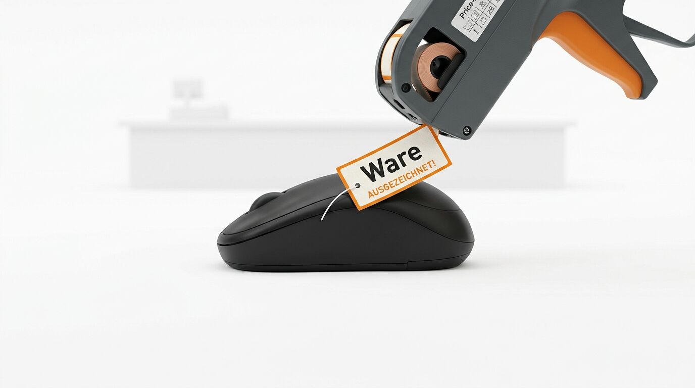 Preisauszeichner versieht eine schwarze Computermaus mit einem Etikett