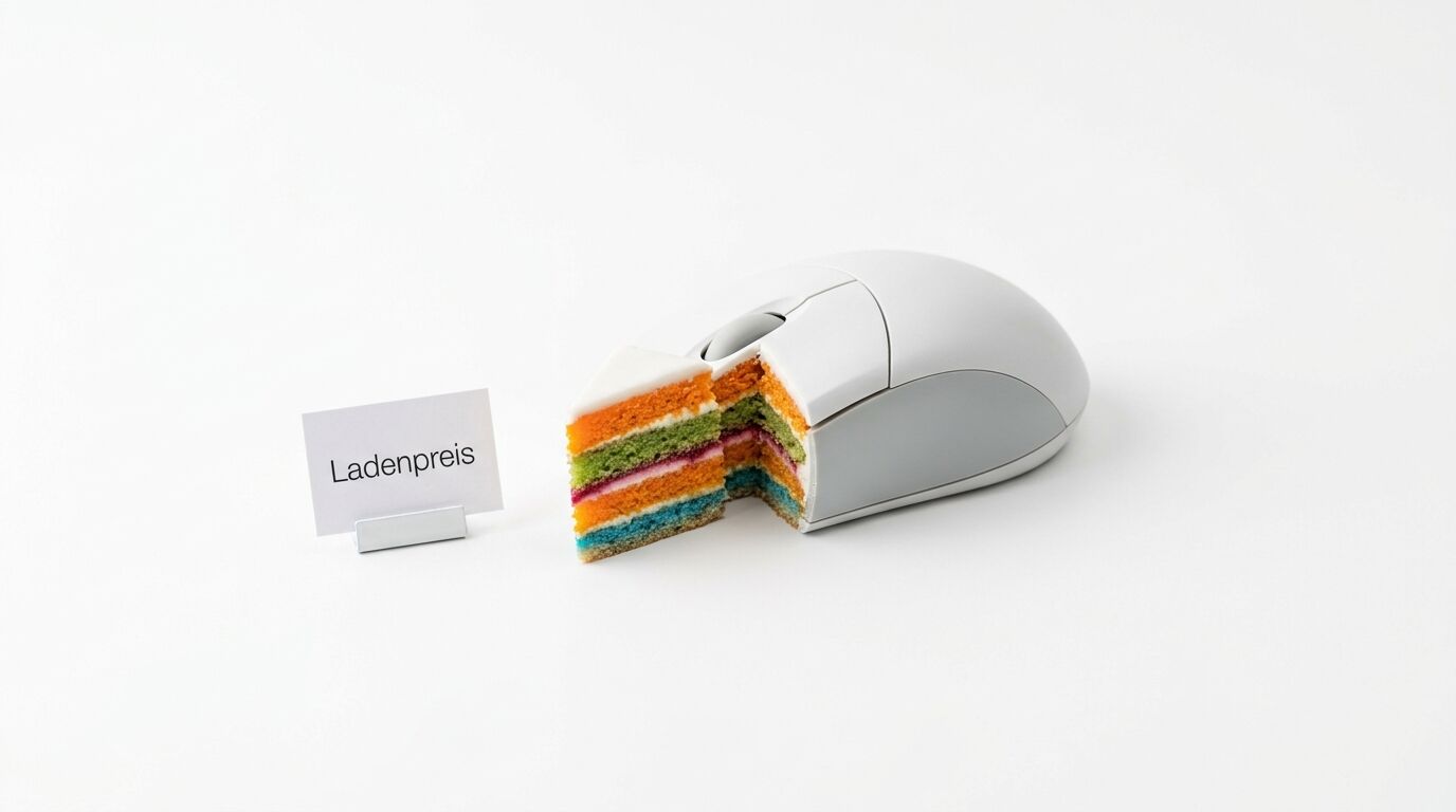 Ansicht einer weißen PC-Maus, deren Inneres als bunter Regenbogenkuchen dargestellt ist, und einem kleinen Schild mit der Aufschrift „Ladenpreis“