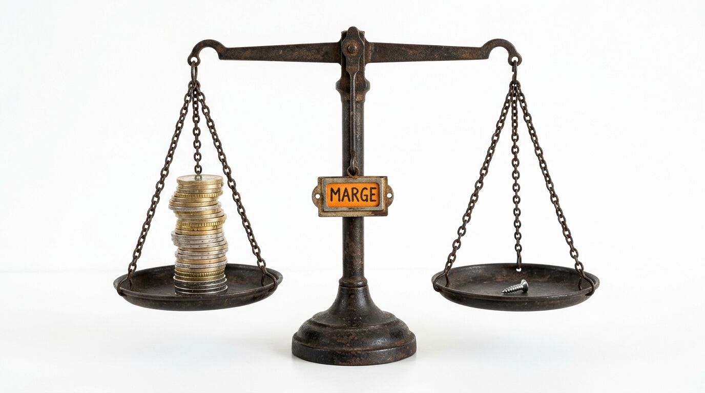 Waage mit Münzen links und Schraube rechts, Aufschrift