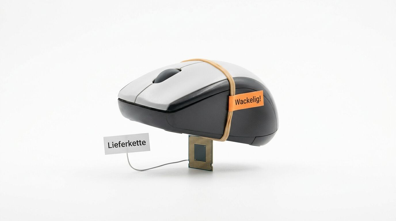 Maus wackelig auf Chip balancierend, Gummiband mit Beschriftung, Schild „Lieferkette“