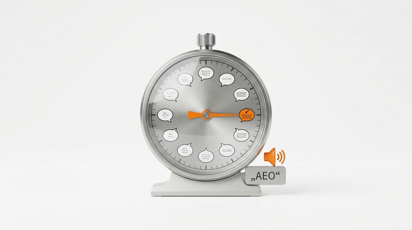 Uhr mit Sprechblasen statt Zahlen, orangefarbener Zeiger auf „AEO“ mit Hakensymbol