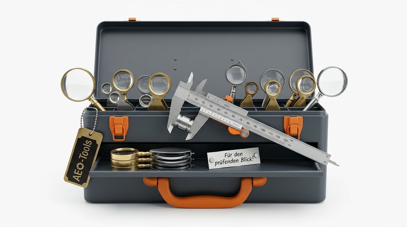 Grauer Werkzeugkoffer mit Lupen, Messschieber und Anhänger mit der Aufschrift „AEO-Tools“