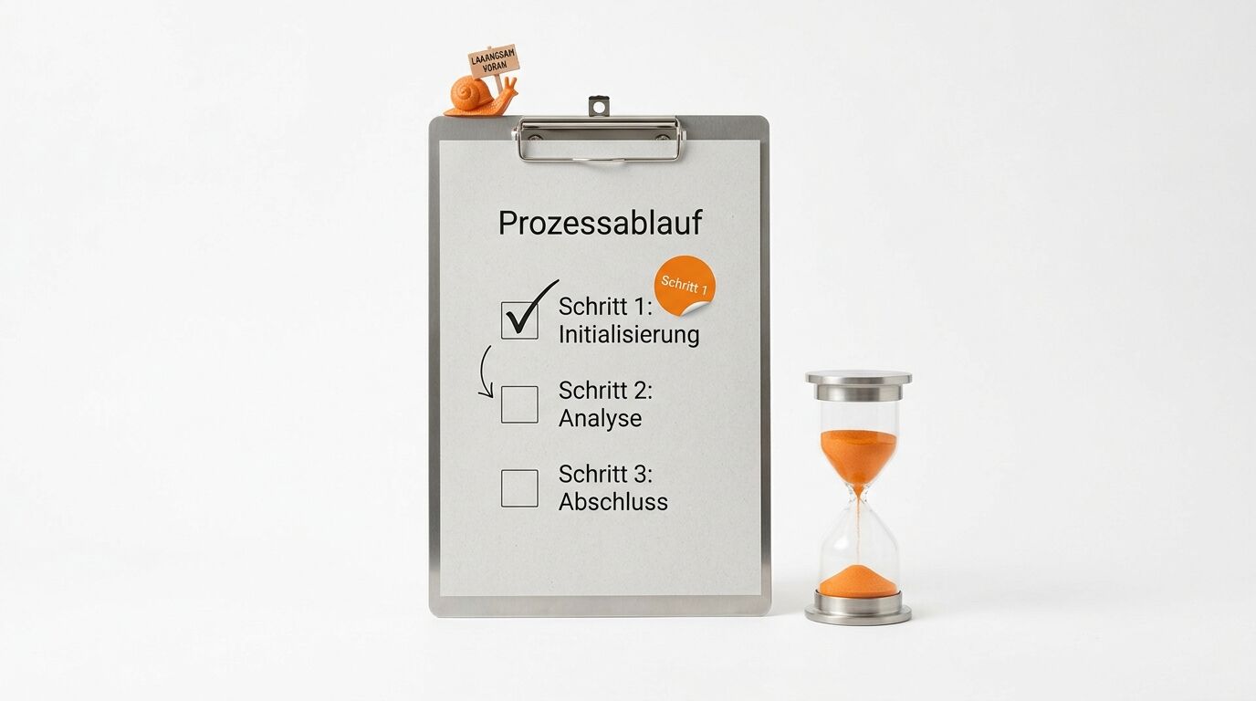 Ein Klemmbrett mit dreistufigem Prozessablauf und Schnecke links, eine Sanduhr rechts daneben