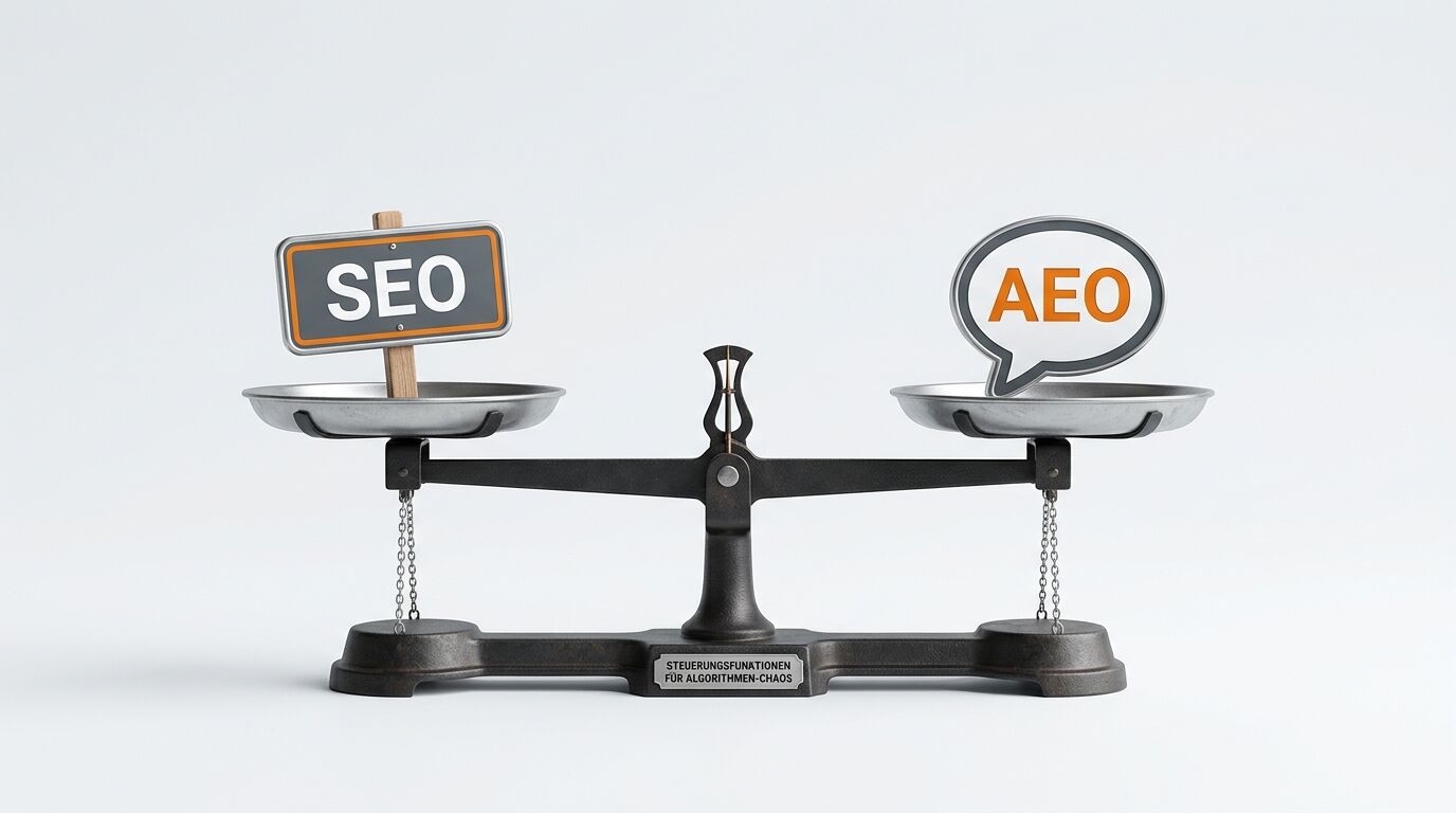 Waage mit Schild „SEO“ links und Sprechblase „AEO“ rechts, im Gleichgewicht