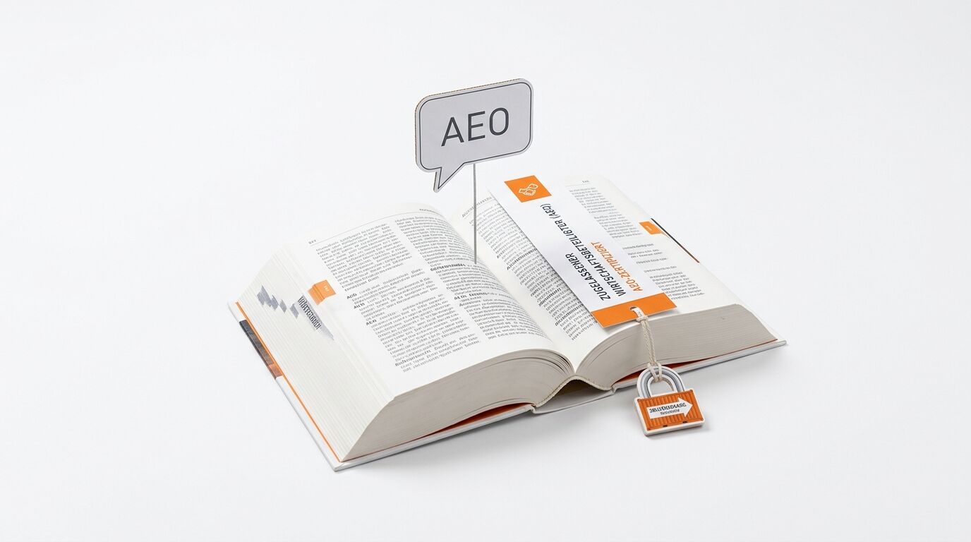 Buch mit AEO-Sprechblase, orangefarbenem Lesezeichen und Vorhängeschloss auf weißem Hintergrund