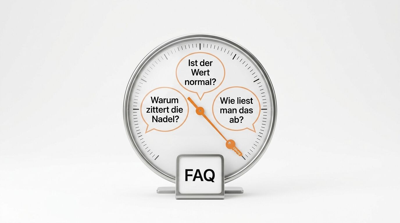 Messgerät mit Sprechblasen und drei Fragen auf Deutsch und FAQ-Symbol am Sockel