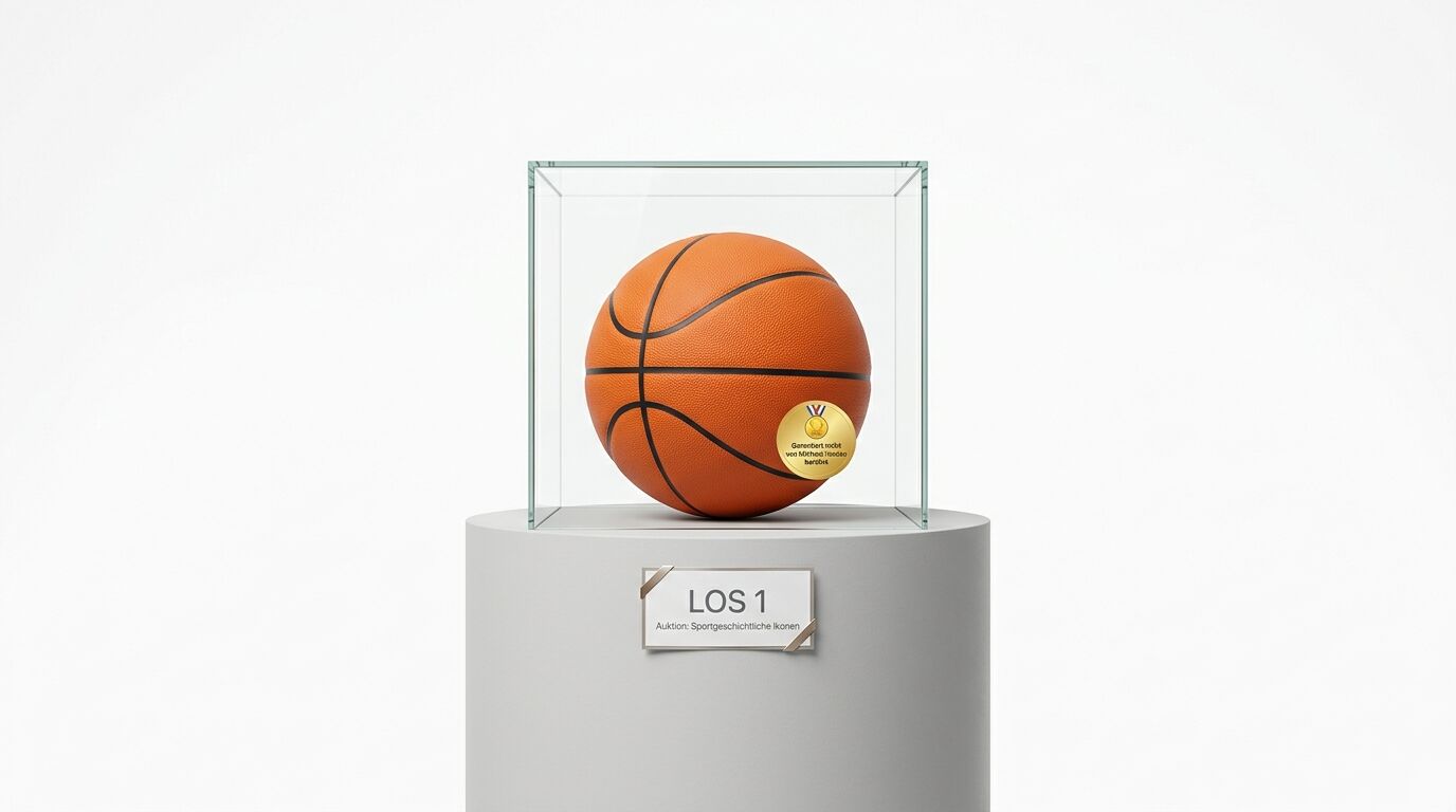 Basketball in Vitrine auf Podest mit der Aufschrift „LOS 1 Auktion: Sportgeschichtliche Ikonen“