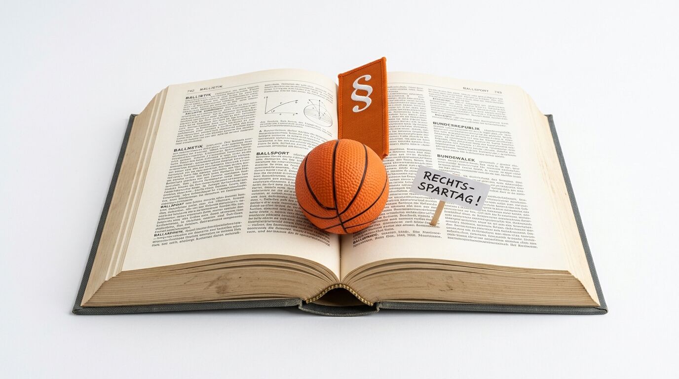 Offenes Buch mit Ball, Paragrafenzeichen und Schild: