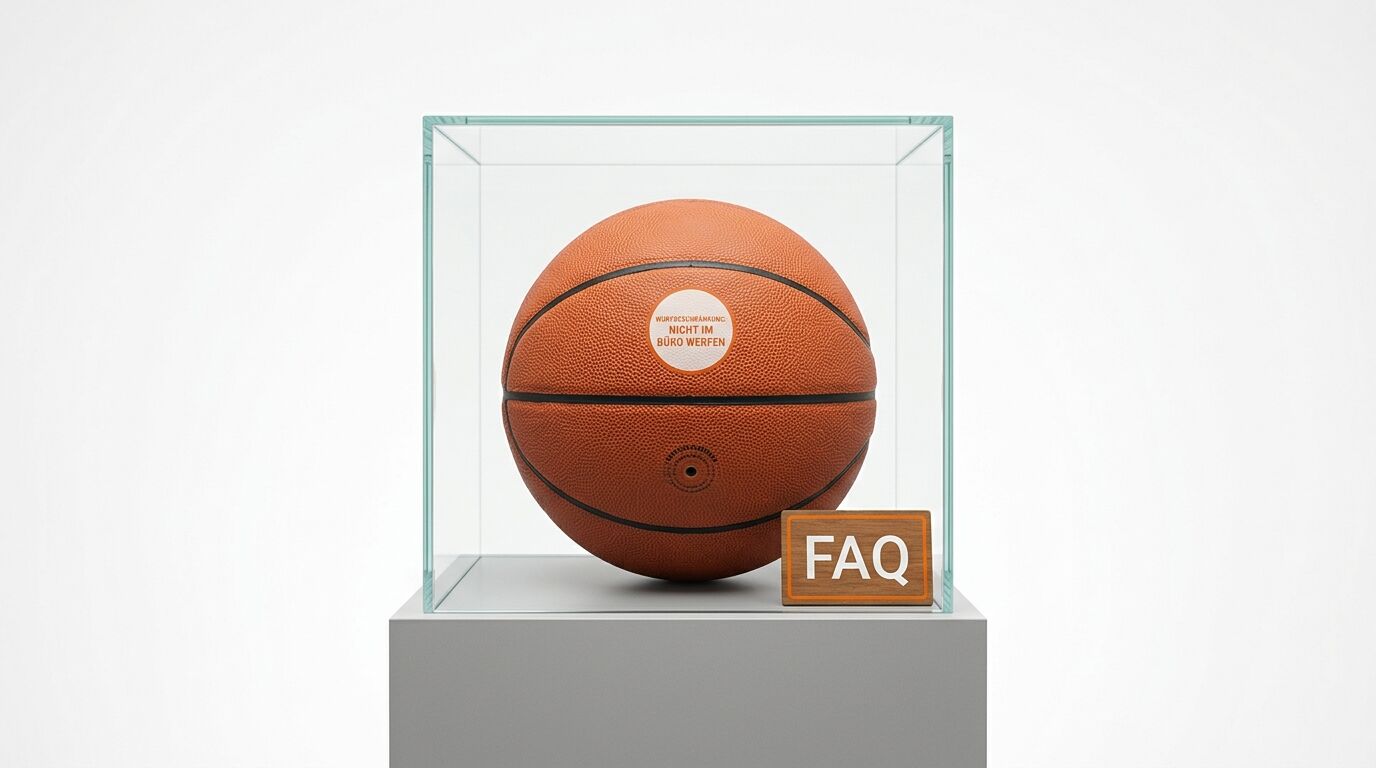 Ein Basketball mit Warnsticker in einer Glasvitrine neben einem FAQ-Schild auf einem Sockel