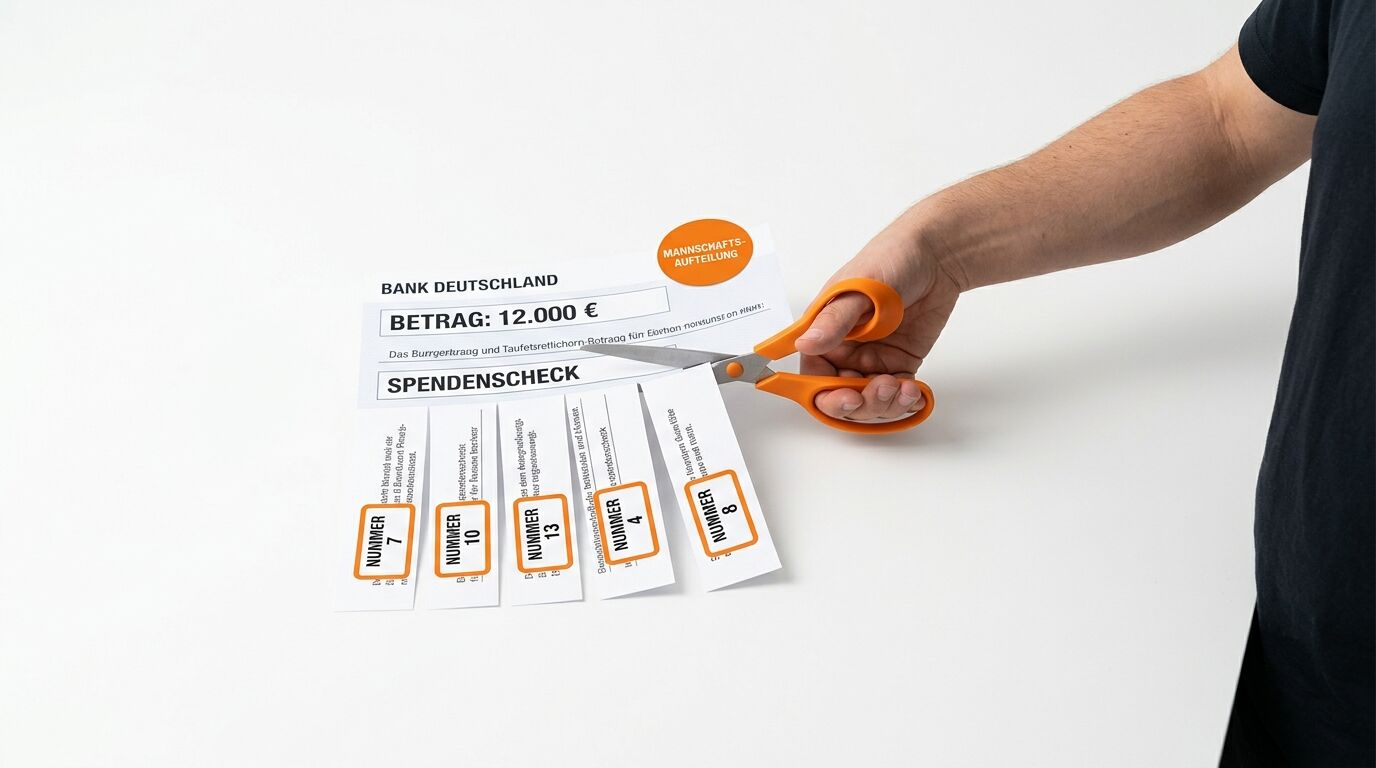 Eine Schere zerschneidet einen Spendenscheck in nummerierte Streifen vor hellem Hintergrund