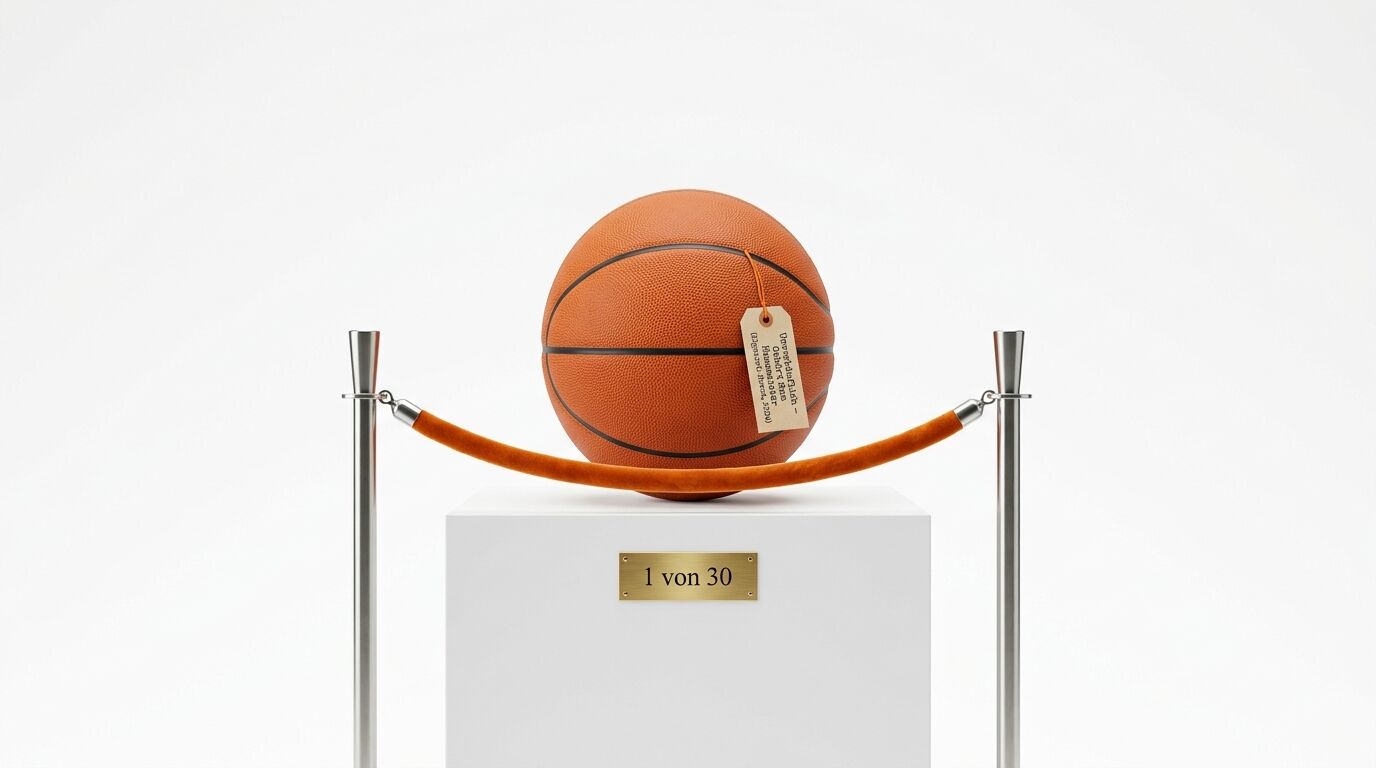 Ein Basketball auf einem weißen Podest mit Absperrung und Messingschild, Aufschrift