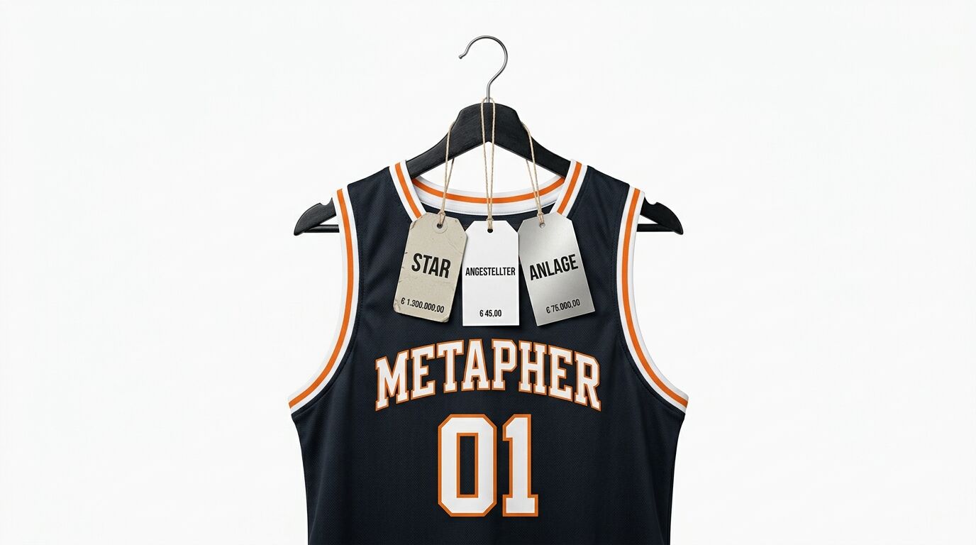 Basketballtrikot „Metapher 01“ auf Kleiderbügel mit drei Preisschildern