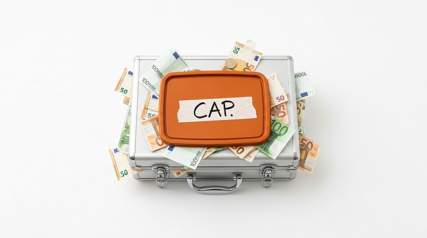 Silberner Koffer voller Geldscheine, obenauf orangefarbener Deckel mit Aufschrift „CAP.“