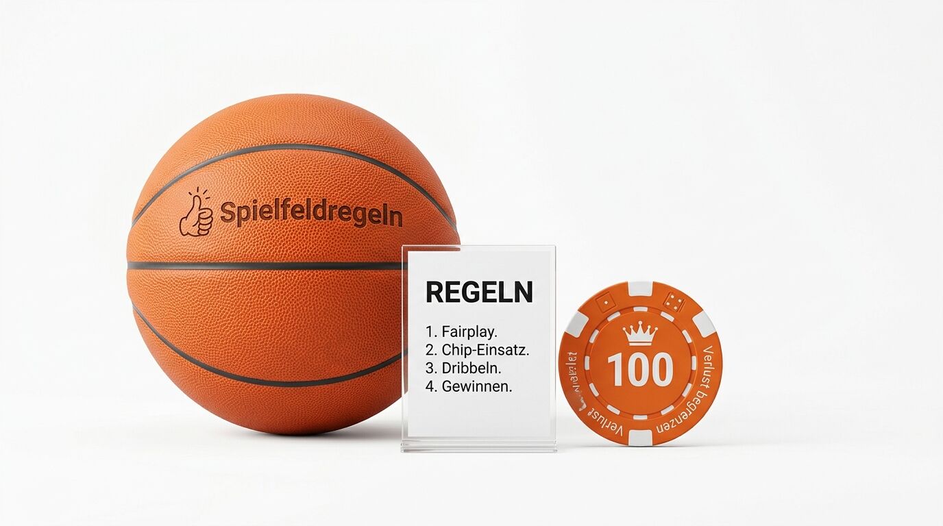 Ein Basketball, ein Schild mit Regeln und ein Pokerchip stehen nebeneinander vor weißem Grund