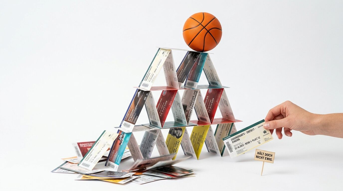 Kartenhaus aus Eintrittskarten mit Basketball, Hand zieht eine Karte