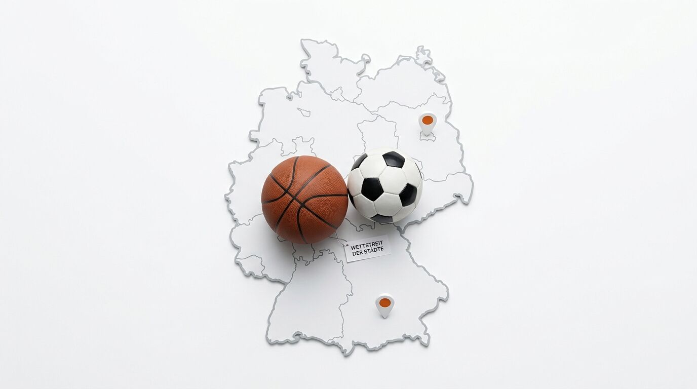 Basketball und Fußball auf einer Deutschlandkarte mit dem Text