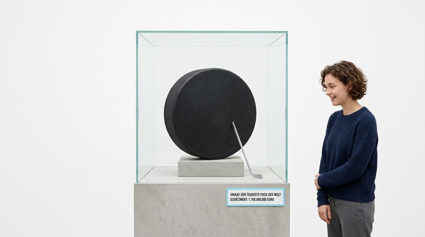 Person betrachtet übergroßen Eishockeypuck in Museumsvitrine