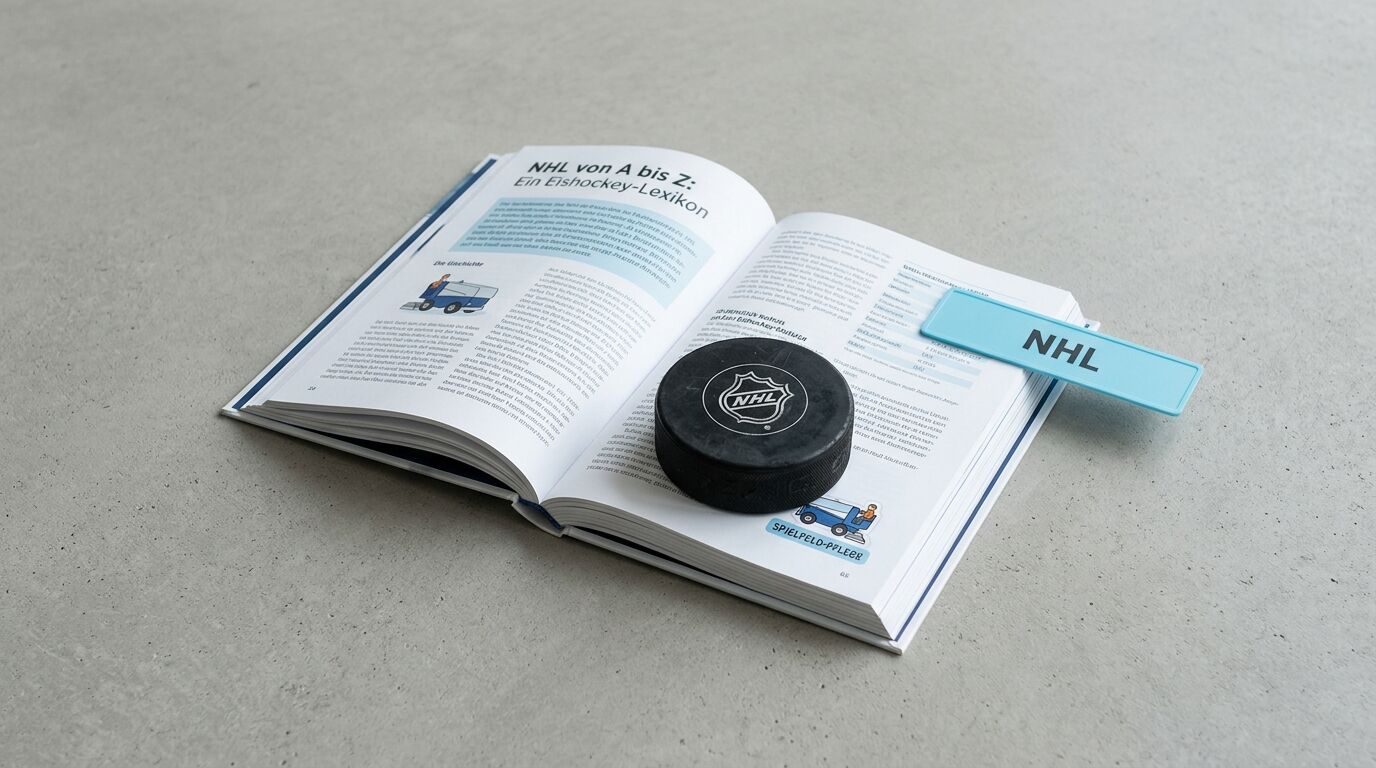 Offenes NHL-Eishockey-Lexikon mit Puck und NHL-Lesezeichen auf Betontisch