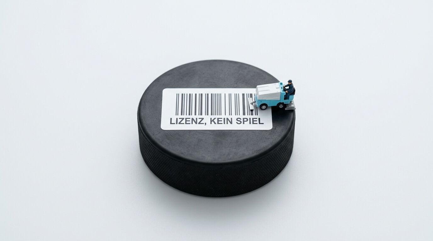 Eishockeypuck mit Etikett „LIZENZ, KEIN SPIEL“ und Miniatur-Eisbearbeitungsmaschine