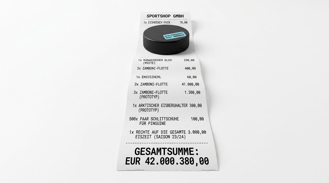 Kassenbon mit absurden Posten und Eishockey-Puck auf weißem Grund