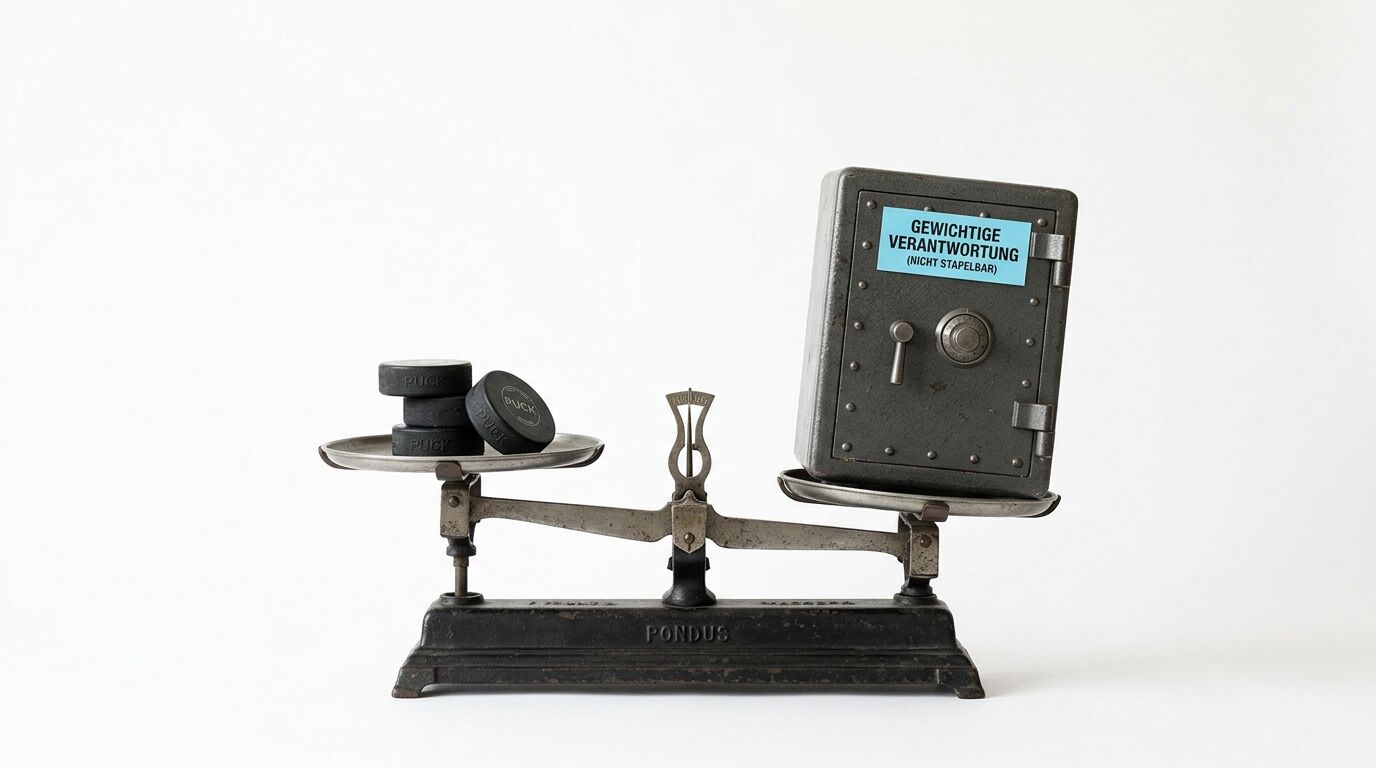 Waage mit Pucks und einem Mini-Safe mit der Aufschrift „Gewichtige Verantwortung“
